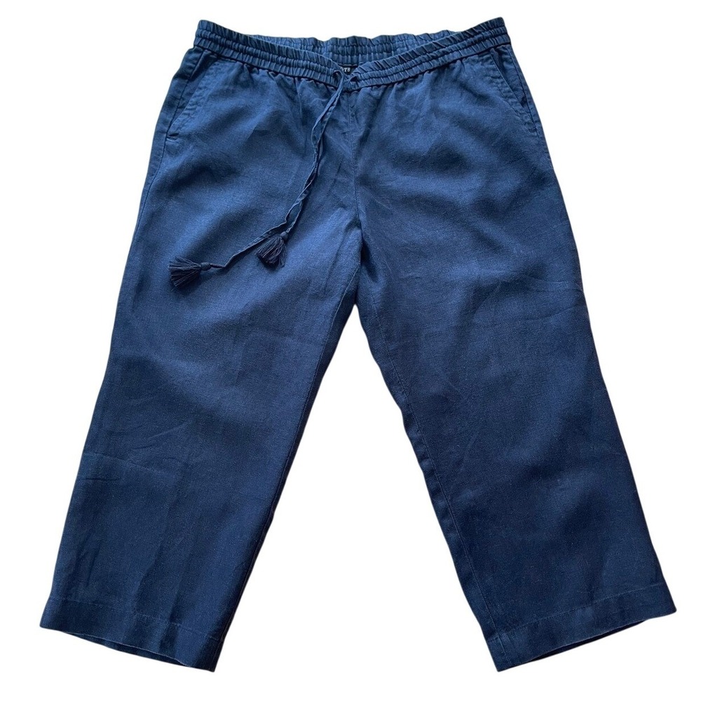 Talbots Navy Blue 100% Linen Crop Pants Plus Size 16WP Elastic Waist Tassel Draw